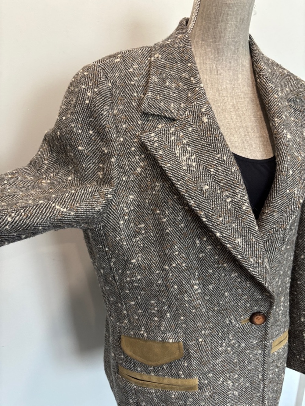 Alan Cherry Herringbone Tweed Blazer Suede Trim Wool Jacket Size 46 - Picture 7 of 15